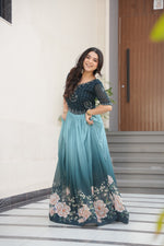 Load image into Gallery viewer, Sky Blue Faux Blooming Gown , Floral Printed Sky Color Gown , Elegant Sky Blue Embroidered Gown , Sky Color Gown for Party Wear , Wedding Special Sky Blue Gown , Designer Sky Color Long Gown , Sky Color Gown with Beads Embroidery , Festive Wear Sky Blue Gown , Stylish Sky Blue Faux Blooming Gown , Sky Color Gown with Cotton Inner Lining .
