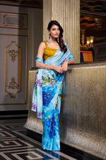 Load image into Gallery viewer, Sky Blue Satin Silk Saree , Sky Blue Printed Saree , Satin Sky Blue Saree Online , Sky Blue Party Wear Saree , Sky Blue Saree with Hotfix Blouse , Sky Blue Designer Saree , Elegant Sky Blue Saree , Sky Blue Saree for Wedding , Festive Wear Sky Blue Saree , Sky Blue Color Saree .
