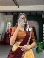 Load image into Gallery viewer, Experience the timeless elegance and luxury of traditional South Indian fashion with our South Indian Kanchipuram Langa Voni Set. Our set includes a beautifully stitched lehenga made from premium quality Narayan cotton, adorned with intricate Zari weaving work.
