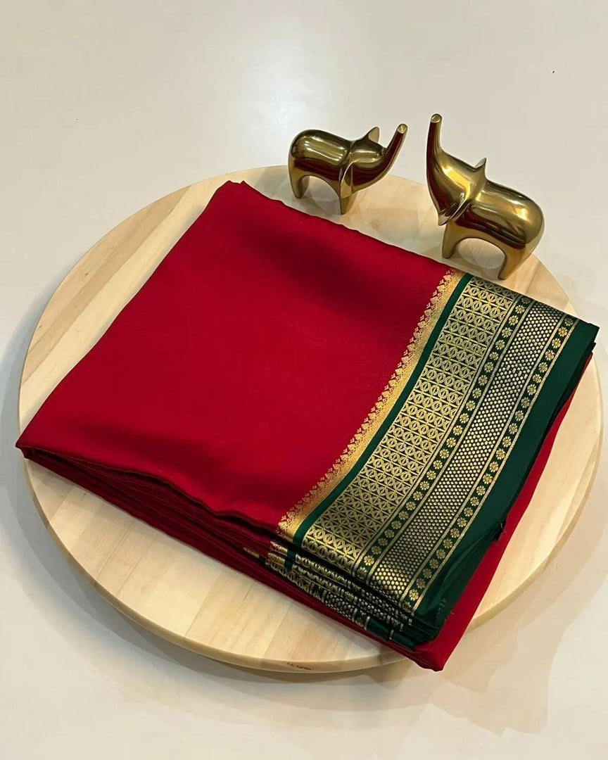 Hit Combination of Red & Green Color ,Pure Mysore Silk Saree From Best Saree Manufacturer of Surat , India. Mysore Silk Saree Is Tradition Of All Over India But Mostly In South India State Like Andhra Pradesh , Tamilnadu ,Telangana ,kerala , Golden Silk , Saree Under 999 RS , Best Design For Silk Lovers , 