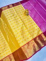 Load image into Gallery viewer, Yellow Kanchipuram Handloom Tissue Weaving Silk Saree Price With Blouse Rani Color and Yellow Saree Color And Mainly Manufacture Tamil Nadu famous Look 2024-2025
