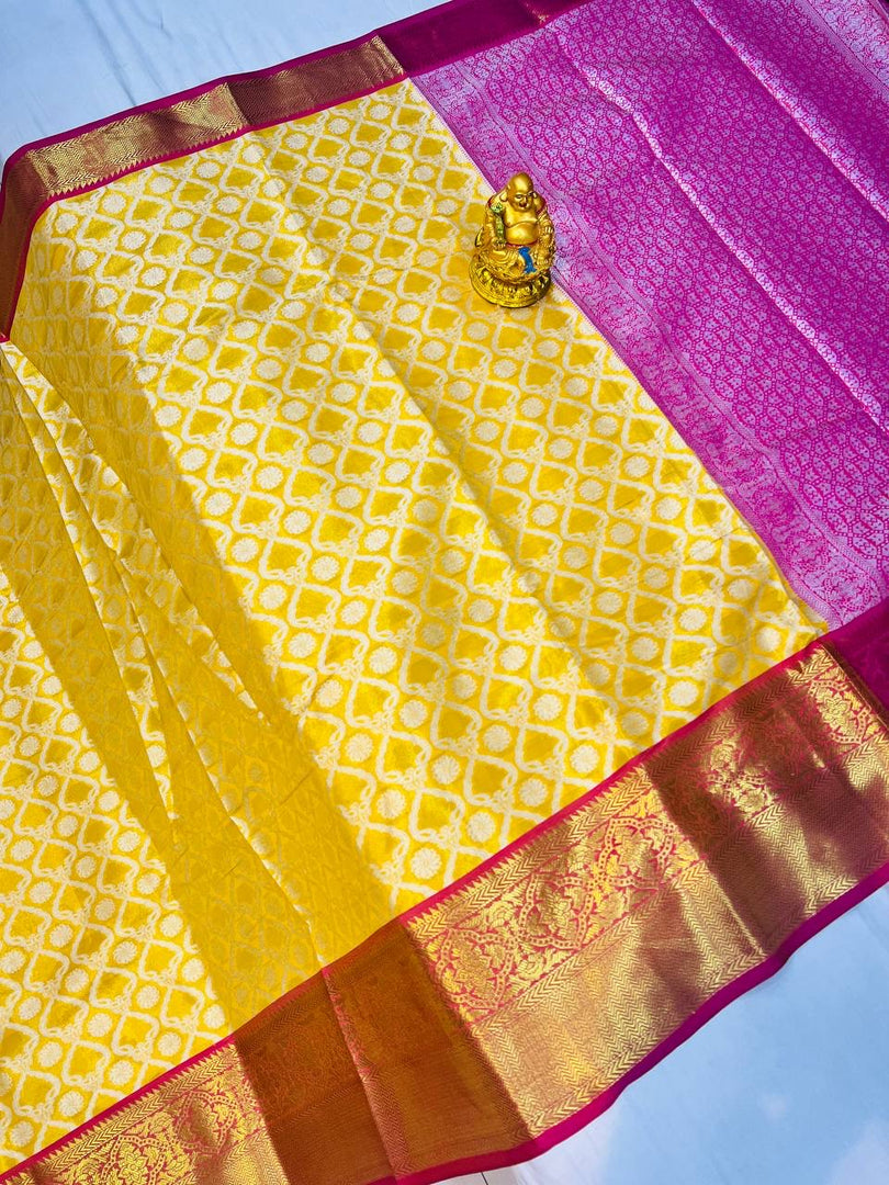 Yellow Kanchipuram Handloom Tissue Weaving Silk Saree Price With Blouse Rani Color and Yellow Saree Color And Mainly Manufacture Tamil Nadu famous Look 2024-2025