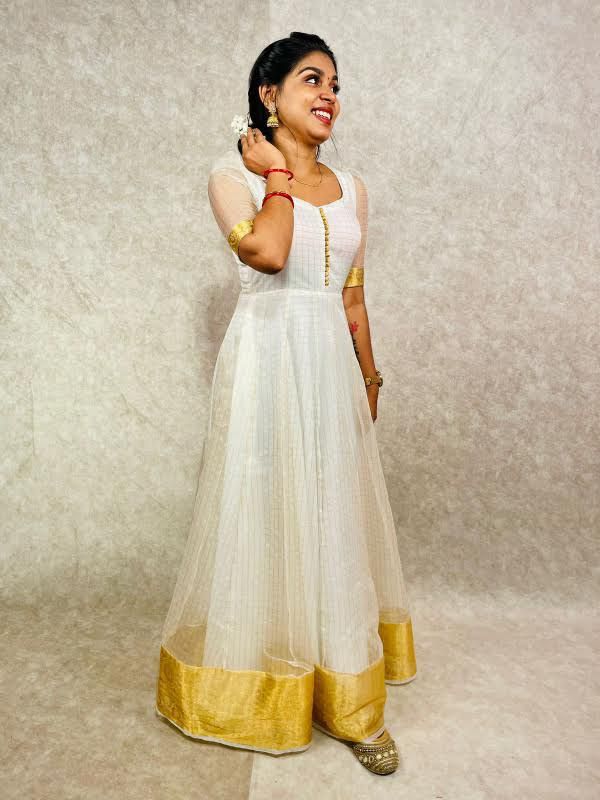 Kerela Organza Zari Onam Gown With Pannel Cut - Premium GOWNS from shoppers trend - Just Rs. 699! Shop now at shoppers trend