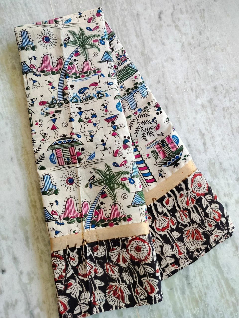 White Color Saree and Black Border Kalamkari Nellore Silk Saree Price and Online shopping Price Under 999 . Hand Printed Saree , Kalamkari Silk Saree , Nellore Silk Saree . 