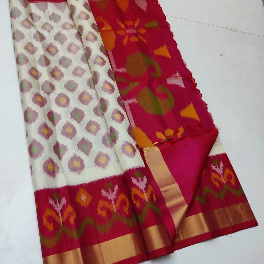 Red Ikkat Handloom Silk Saree , Bridal Red Soft Silk Saree , Red Digital Print Saree for Wedding , Red Traditional Ikkat Saree Online , 
Red Silk Saree with Designer Print . 