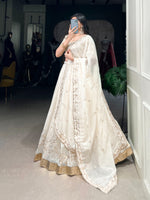 Load image into Gallery viewer, Silver Glossy Lehenga with Foil Embroidery Work , Party Wear Silver Lehenga with Dupatta , Metallic Silver Lehenga for Wedding &amp; Reception , Designer Silver Embroidered Lehenga Set , Shiny Silver Lehenga with Sequins &amp; Can Can Flair . 
