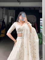 Load image into Gallery viewer, White Lehenga with Sequins and Embroidery , Elegant White Wedding Lehenga Set , Designer White Lehenga for Bride &amp; Festive Wear , White Embroidered Lehenga with Can Can Flair , Pure White Lehenga with Foil and Thread Work .

