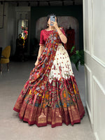 Load image into Gallery viewer, White With Red Color Pure Tussar Silk Dhavani Set , Langa Voni ,  Weddings Special Best Wear Collection Price and Online shopping Price Under 2500 . This Fabric So Heavy and Lehenga Tussar Silk Fair 3.80 Meter and Work Kalamkari Printed With Foil Print , Dupatta Kalamkari Printed With Both Side Tassel and 2.4 Meter Fair , This Fabric Traditional Look For 2024-25 , 2025-26 .  

