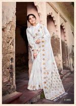 Load image into Gallery viewer, White Cotton Silk Sarees With Price and Online Shopping Price Under 2000 . This fabric Soft Silk and Smoothly Handloom . this Fabric Cotton Silk Saree With Zari Waving Work and Rich Pallu This Saree .Border  Gold Round Design .
