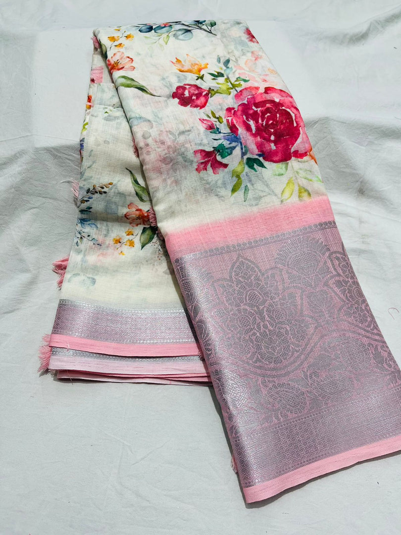 White Linen Cotton Sarees With Price and durga puja Saree and Weddings Saree famous and Like material  and This Fabric Flowers multiple and RIch Pallu Saree in 2024-25 .