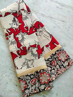 Load image into Gallery viewer, Fiery Red Kalamkari Nellore Silk Saree ,Bridal Red Silk Saree with Jari Border , Handloom Red Kalamkari Saree for Weddings
Bold Red Nellore Silk Saree for Festive Look , Classic Red Pure Silk Saree for Special Occasions . Traditional Look For Woman . 
