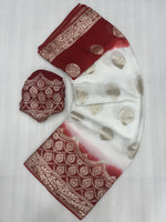 Load image into Gallery viewer, White Viscose Saree From Viscose Saree Fabric For Wedding And Other Occasion , Traditionally, Viscose Sarees are woven , though they can also be made in other materials like cotton, georgette .
