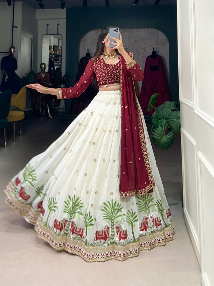 White Lehenga With Maroon Blouse and Dupatta Color Georgette Dhavani Set , Langa Voni , Half-Saree and Langa Davani Set Price and Online Shopping Price Under 2500 , this Fabric So Heavy and White Color Rare Case Using Lehenga Sequins and Thread Embroidery Work With Lace Top Up, Blouse and Dupatta Sequins and Thread Embroidery Work
, Traditional Look For 2024-25 , 2025-26 .