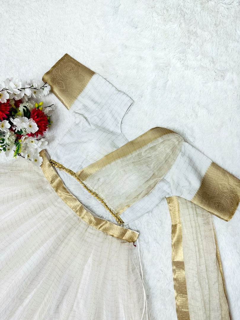 Fully stitched Lehenga in Zari Organza with canvas, attached zip, blouse in the same fabric and fully lined, available in 4 colors, XS-XXL sizes, and with 5m+ flair. Original Zari pattu work on the blouse, can be paired with an Organza dupatta (2m+ length) with lace.
