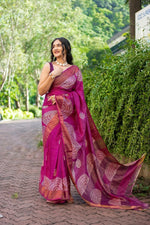 Load image into Gallery viewer, Wine Kalamkari Tussar Silk Saree with Zari Border
Rich Maroon Hand Printed Tussar Silk Saree
Maroon Kalamkari Saree for Weddings &amp; Events
Deep Wine Silk Saree with Blouse
Kalamkari Maroon Saree for Traditional Wear
