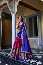 Load image into Gallery viewer, Narayan Pattu lehenga with zari work , Traditional South Indian pattu lehenga , Zari weaving Narayan pattu lehenga choli , Bridal Narayan pattu lehenga with dupatta , Stitched lehenga in Narayan pattu fabric , Pattu lehenga with georgette dupatta , Elegant pattu silk lehenga for wedding . 
