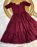 Load image into Gallery viewer, Trendy wine colored gown with cotton softness and embroidery , Wine Hakoba flared mini dress with ethnic elegance , Lightweight wine short gown with full lining and rope , Wine cotton frock with beautiful layered design , Wine tone Hakoba dress with premium comfort and flair.
