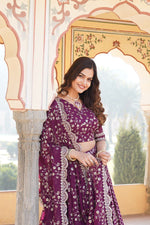 Load image into Gallery viewer, Designer Wine lehenga set with sequin embroidered blouse , Buy Wine ethnic lehenga with can-can and cut-work dupatta , Traditional Wine color lehenga with dori and zip closure , Bridal Wine lehenga with statement flair and festive appeal , Sequin detailed Wine lehenga with soft dupatta - Traditional Look For Shop Now at - Shoppers Trend
