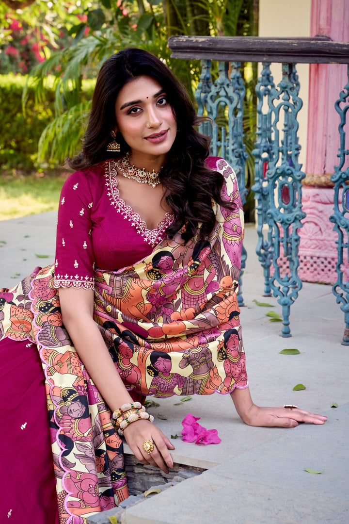 Wine Color Embroidered Lehenga for Bride , Wine Vichitra Silk Lehenga with Tassels , Elegant Wine Lehenga with Kalamkari Print , Wine Wedding Lehenga with Can Can Flair .