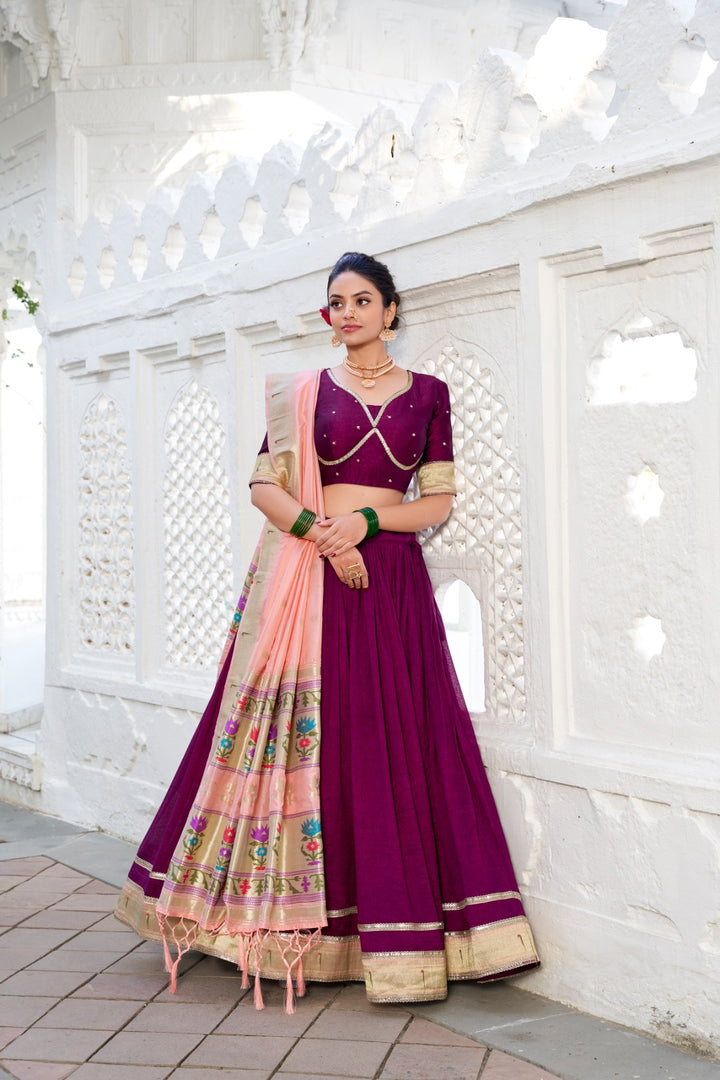 WIne or Dark Pink , Dark Rani Vichitra Silk Dhavani Set , Langa Voni , Half-saree and Davani Set With Price and Online Shopping Price Under 2500 . This Fabric So Elegant and Rich Border For Lehenga and Blouse Fabric Vichitra Silk and Dupatta Fabric Jacquard silk (Paithani) and Rich Zari Weaving Work.