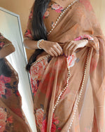 Load image into Gallery viewer, Priyanka Georgette Saree. Crafted from premium georgette fabric, this saree features intricate zari weaving that catches the light with every movement. The generous 6.3-meter length provides ample fabric for creating elegant pleats and drapes. This saree comes complete with a matching blouse piece .
