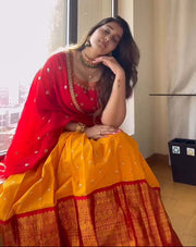 Yellow Color Cotton Lichi Dhavani Set | Half-Saree | Davani Set  Price and Online Shopping Price Under 1499 . this Yellow Color Cotton Lichi Lehenga , Red Dupatta Georgette With Embroidery and Lace Work , Blouse Embroidery Work.