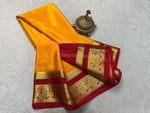 Load image into Gallery viewer, Mustard Yellow and Red Color Pure  Semi-Mysore Silk sarees price and Online shopping price Under 1000 . this fabric smooth and very softness and this fabric yellow Pure Semi Mysore Silk saree with zari weaving work this price under 1000 . 
