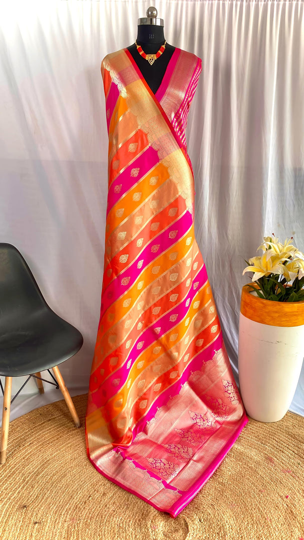 Yellow , Red , Orange , Rani Color Mix Color Saree WIth Price Under 3000 . This Fabric Banarasi Satin Silk Saree For Wedding Price and Heavy Zari Weaving Work and Multi Color Saree and  Elegant Yellow Banarasi Satin Silk Saree featuring intricate Zari weaving and premium fabric . Traditional look For 2024-25 , 2025-26 . 