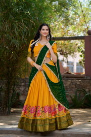 Yellow Color Cotton Silk Dhavani Set , Langa Voni , Davani Set and Half-Sarees With Price and Online Shopping Price Under 2500 .this Fabric So Heavy and Lehenga Thread Embroidery Work With Cotton Silk Fabric , Blouse Cotton Silk Blouse Work Thread Embroidery with zari weaving work
and Dupatta Georgette Fabric and Work Sequins Embroidery Work Butties With Lace Border and 2.3 Meter . Traditional Look For 2024-25 , 2025-26 .   

