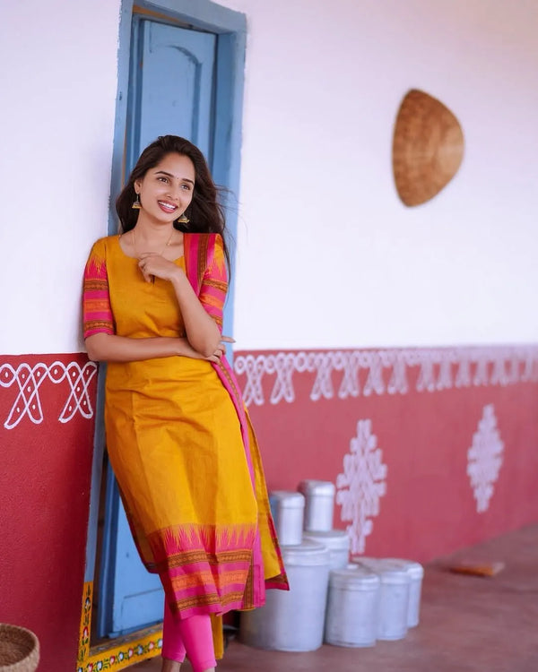 Yellow silk cotton kurti , Jacquard weaving kurti set , Yellow kurti with zari dupatta , Ethnic wear yellow kurti , Yellow kurti for festive wear , 
Traditional silk kurti with dupatta , Yellow kurti with jacquard design , Kurti dupatta set for women , Silk blend yellow kurti online , Weaving work yellow kurti . 