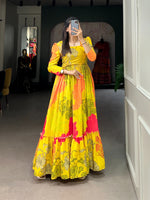 Load image into Gallery viewer, Yellow Crape Silk Gown With Price and For Online Shopping  Price Under 1500 . this Fabric So Happy and Cool Fabric . this Fabric Crape Silk Gown Best Famous and Best Popular Gown Yellow Color. Yellow Gown Square Neck Fully Floral print .
