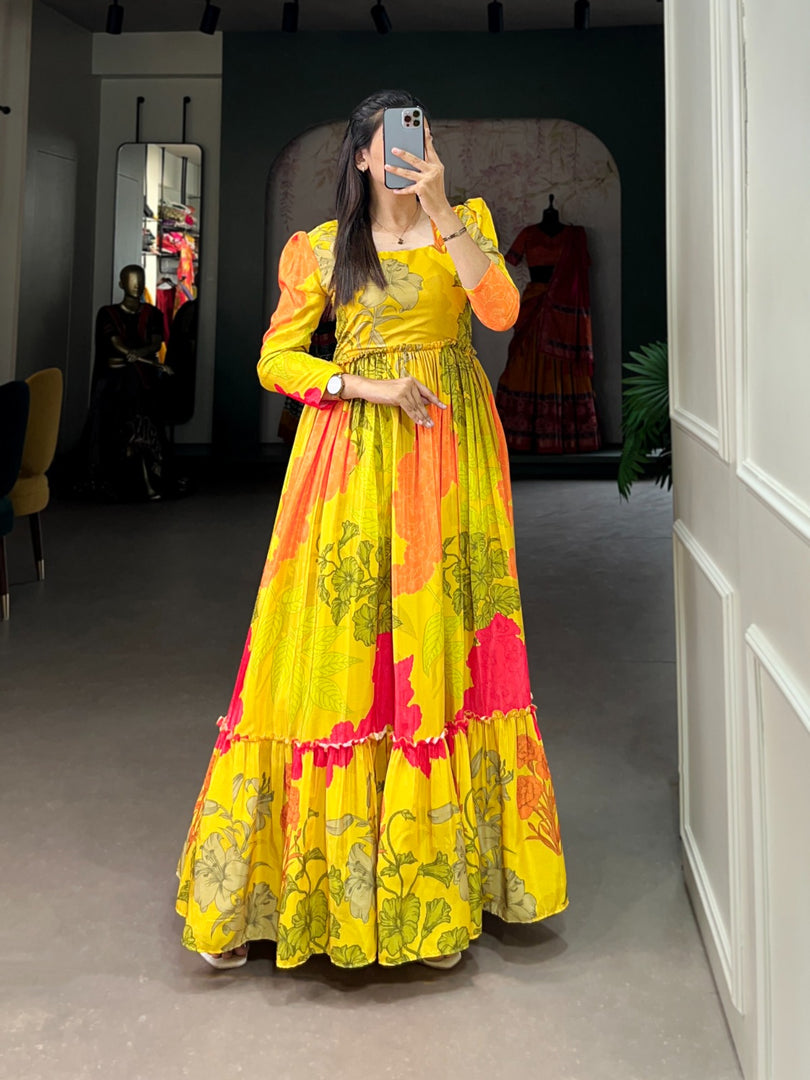 Yellow Crape Silk Gown With Price and For Online Shopping  Price Under 1500 . this Fabric So Happy and Cool Fabric . this Fabric Crape Silk Gown Best Famous and Best Popular Gown Yellow Color. Yellow Gown Square Neck Fully Floral print .