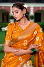 Load image into Gallery viewer, Samira Dola Silk Dhavani set includes a stitched lehenga made from Dola Silk with Shibori print and a zari woven border, fitting waists up to 42 inches. The lehenga features a drawstring and zip closure, with a 41-inch length and 3.8 meters of flair, lined with micro cotton . 
