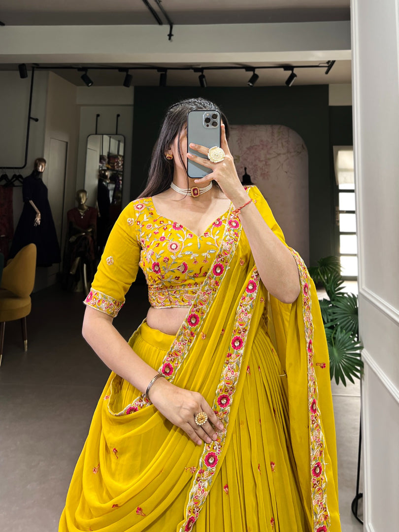 Natasha Georgette Yellow Dhavani Set | Langa Voni | Shoppers Trend