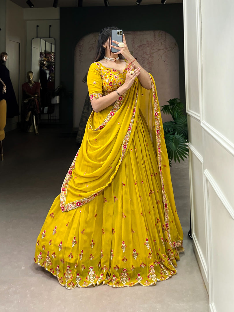 Natasha Georgette Yellow Dhavani Set | Langa Voni | Shoppers Trend