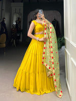 Load image into Gallery viewer, Yellow Lehenga for Haldi , Plain Yellow Georgette Lehenga , 
Yellow Wedding Lehenga Set , Yellow Lehenga with Organza Dupatta , Haldi Ceremony Outfit Yellow . 
