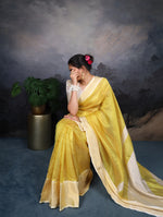Load image into Gallery viewer, Yellow jacquard chex saree , Zari weaving yellow silk saree , Traditional yellow saree for women , 
Festive yellow saree design , Mustard yellow saree with blouse .
