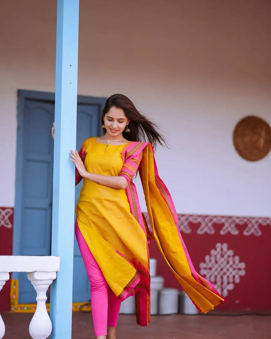 Yellow kurti for wedding functions , Jacquard zari kurti set , Bright yellow kurti ethnic set , Yellow kurti for haldi ceremony , Designer yellow kurti with dupatta . 