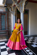 Load image into Gallery viewer, Yellow Color Narayan Pattu Dhavani Set | Langa Davani Set | Half-Saree Price Under 1999 , this Fabric Narayan Pattu Lehenga Pink and Yellow Heavy Lehenega With Zari Weaving Work , Blouse Narayan Pattu with Zari Weaving Work This Type Choli Under 1999 . 
