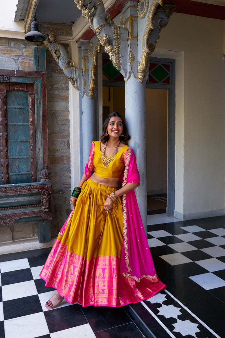 Yellow Color Narayan Pattu Dhavani Set | Langa Davani Set | Half-Saree Price Under 1999 , this Fabric Narayan Pattu Lehenga Pink and Yellow Heavy Lehenega With Zari Weaving Work , Blouse Narayan Pattu with Zari Weaving Work This Type Choli Under 1999 . 