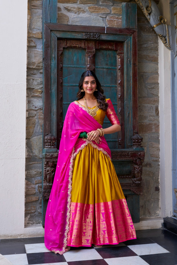 Yellow Color Narayan Pattu Langa Davani Set Price Under 2000 , this Narayan Pattu Fabric Cool and Smooth lehenga Zari Weaving Work , Blouse unstitched and Zari Weaving Work and Dupatta Georgette Fabric Sequins Embroidery Work With Lace Work Under 2000 . 