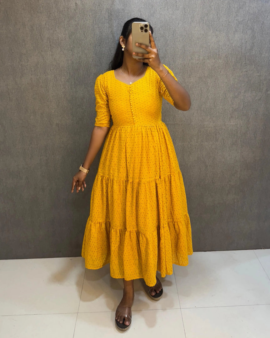 Bright yellow Hakoba mini gown with elegant 3-layer design , Must-have yellow cotton gown with rope fit and pocket , Yellow layered frock gown with stylish cotton Hakoba fabric , Sunshine yellow cotton gown with crepe lining and flair.