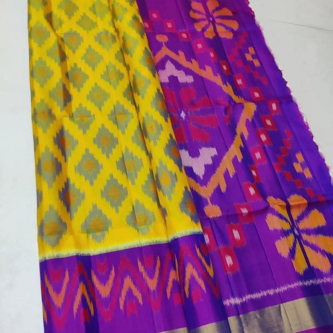 Festive Wear Ikkat Silk Saree , Yellow Ikkat Silk Saree , Bright Yellow Handloom Saree , Yellow Saree for Haldi Function , Yellow Soft Silk with Digital Work , Vibrant Yellow Ikkat Print Saree . 