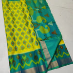 Load image into Gallery viewer, Digital Printed Ikkat Saree , Yellow Ikkat Silk Saree , Bright Yellow Handloom Saree ,Yellow Saree for Haldi Function ,Yellow Soft Silk with Digital Work ,Vibrant Yellow Ikkat Print Saree .
