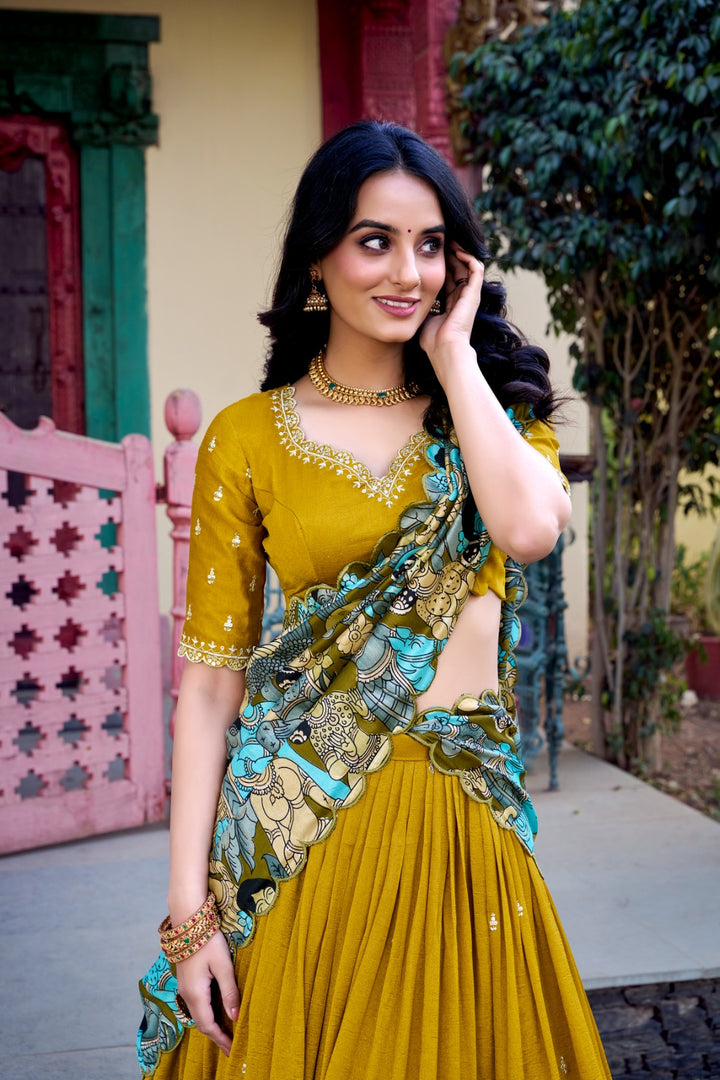Dark Yellow Silk Lehenga with Embroidery , Vibrant Yellow Lehenga with Kalamkari Print , 
Dark Yellow Lehenga Choli for Wedding , Mustard Yellow Embroidered Lehenga Set . 