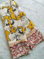 Load image into Gallery viewer, Sunshine Yellow Kalamkari Silk Saree , Golden Yellow Nellore Silk Saree with Jari Border , Traditional Mustard Yellow Silk Saree , Handloom Yellow Kalamkari Saree for Weddings , Vibrant Yellow Festival Wear Silk Saree . 
