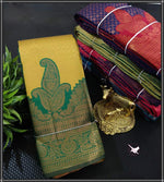 Load image into Gallery viewer, Yellow semi silk saree with zari weaving , Traditional yellow saree for festive wear , Elegant yellow silk saree with blouse , Yellow saree for Haldi and celebrations , Bright yellow zari border silk saree , Radiant yellow saree with intricate zari work , Semi silk yellow saree for wedding functions , Soft silk yellow saree party wear , Yellow saree for ethnic occasions , Vibrant yellow designer saree with blouse .

