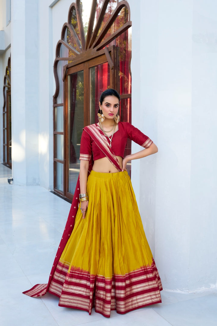 Yellow Chanderi Lehenga with Zari Work , Mustard Yellow Traditional Lehenga , Sunshine Yellow Ethnic Wear Lehenga , Yellow Wedding Guest Outfit , Yellow Festive Lehenga for Haldi .
