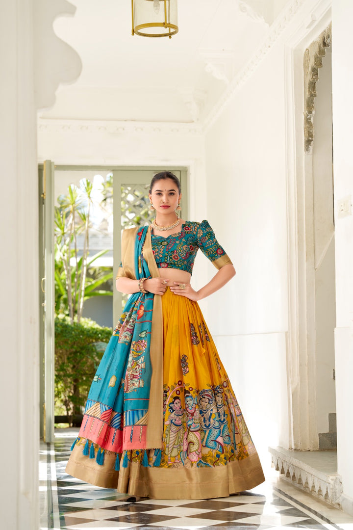 Yellow Dola Silk Half-Saree , Davani Set With Price and best For Weddings Collection Wear Price Under 1500 . Radiate elegance in this Dola Silk Kalamkari Print Lehenga Set. Available in bold colors like  Yellow  it features intricate weaving and a tassel-detailed dupatta.