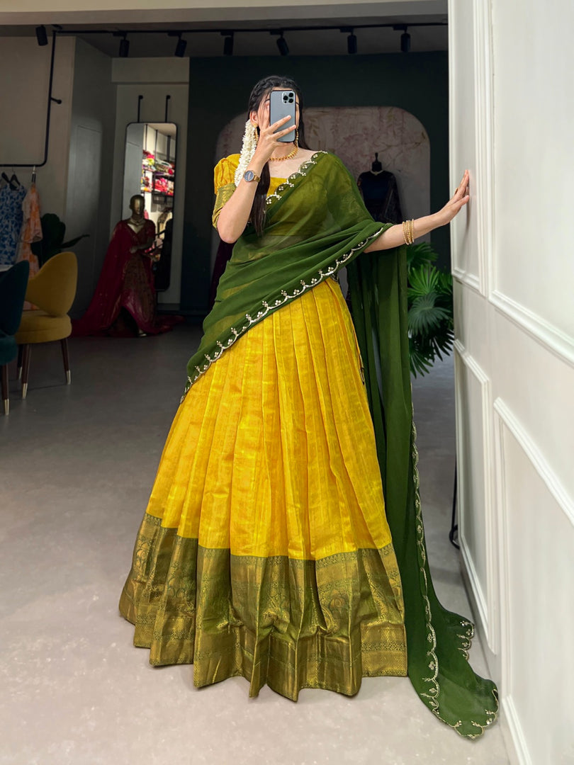 Yellow Kanjivaram Dhavani Set | Half-Saree Dhavani Set | Langa Voni With Price and  Online Shopping Price Under 1500 . This Fabric Most Soft and Smooth fabric . This Fabric Yellow With Green Dupatta Contract Unique Designer famous Look 2024-25 . 